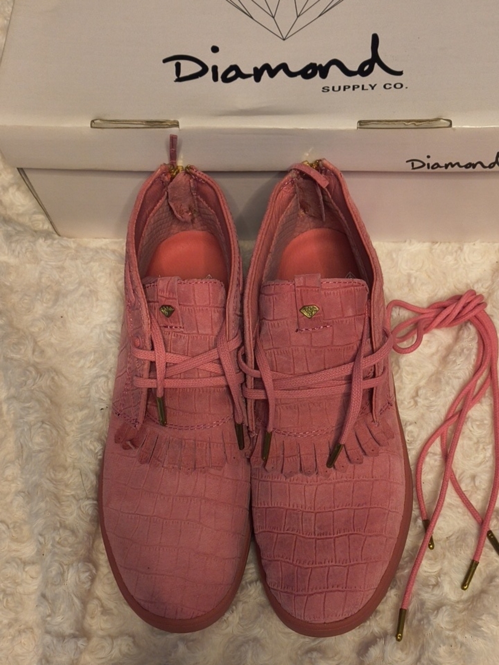 Diamond Supply Co. Women’s Pink Croc-Embossed Ankle Boots with Fringe